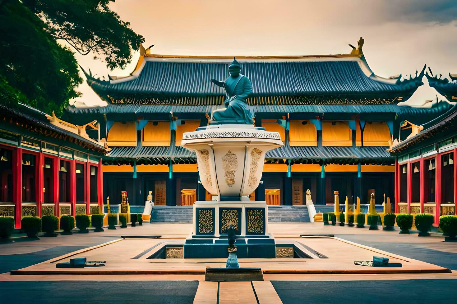 a statue of buddha in a courtyard at sunset. AI-Generated photo