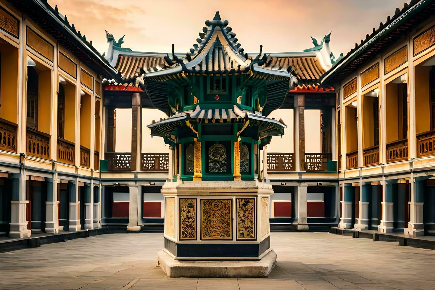 un oriental patio con un pagoda en el medio. generado por ai foto