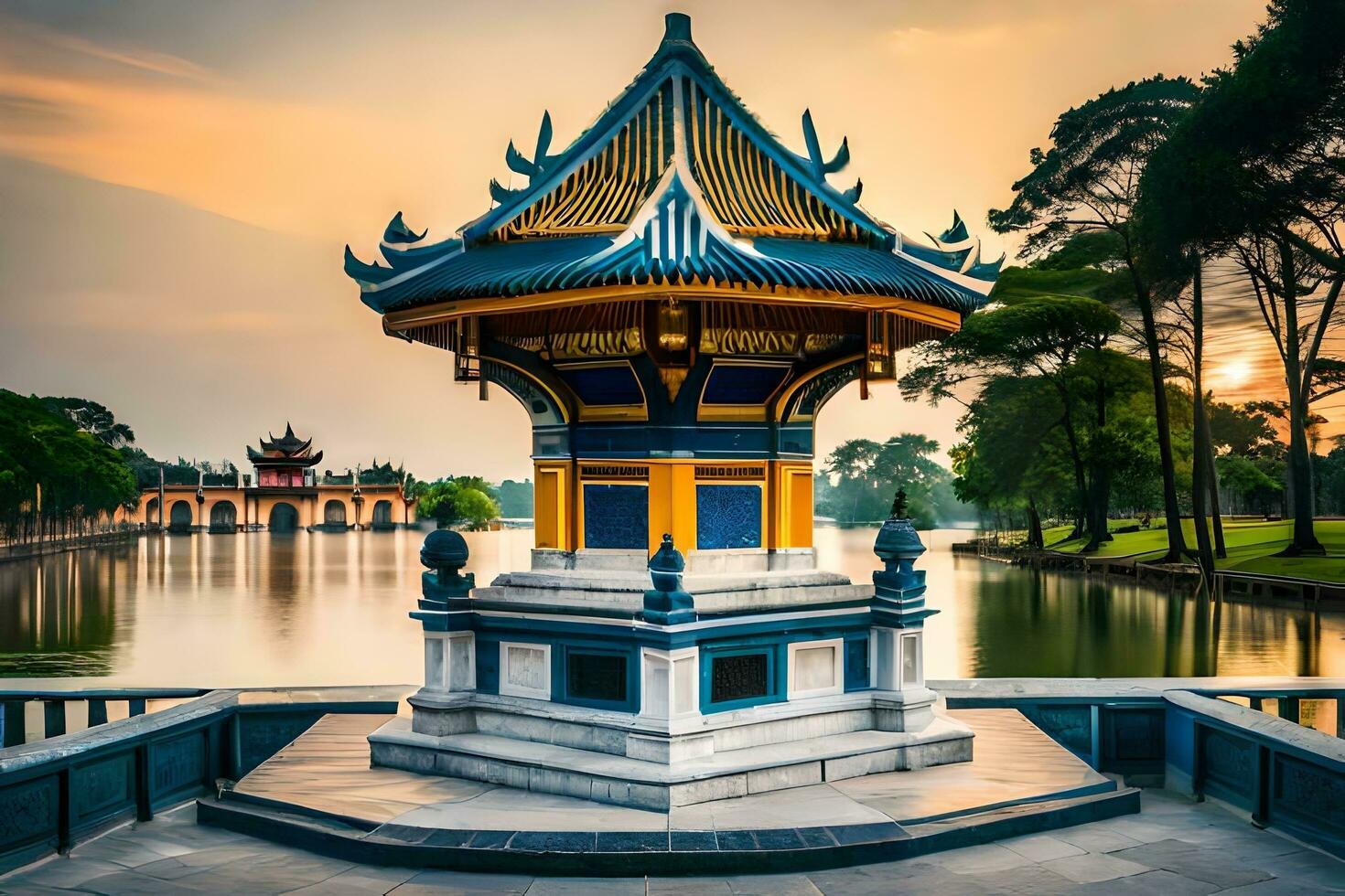 a pagoda sits on the edge of a lake at sunset. AI-Generated photo