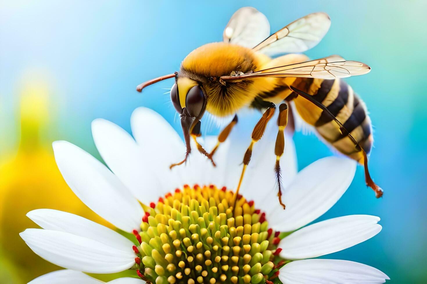 a bee is standing on a flower with a blue background. AI-Generated photo