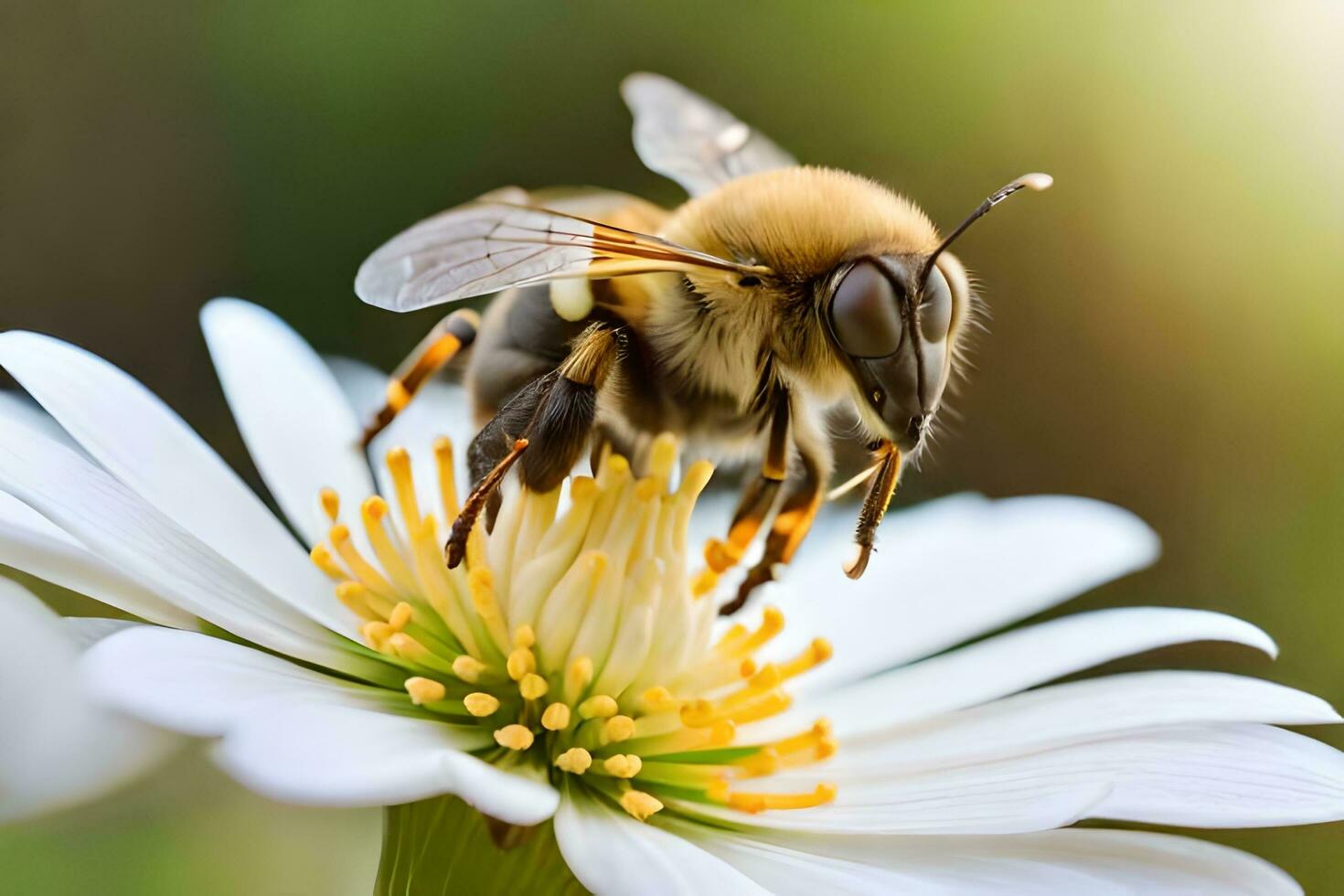 bee on white flower with blurred background. AI-Generated photo