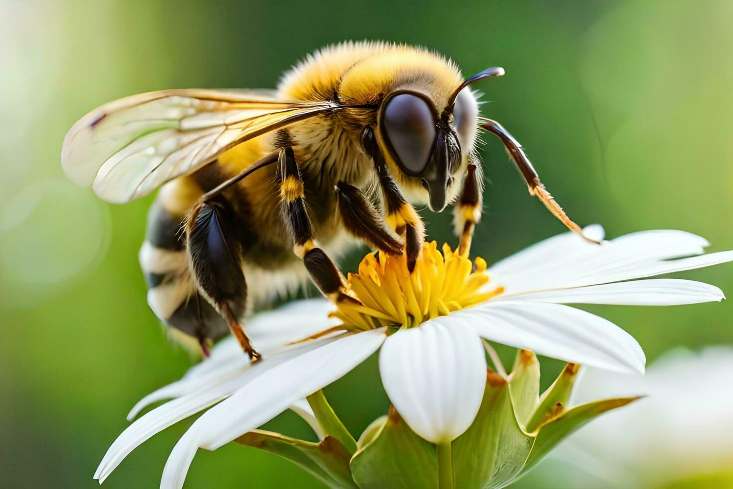 bee on white flower with blurred background. AI-Generated photo