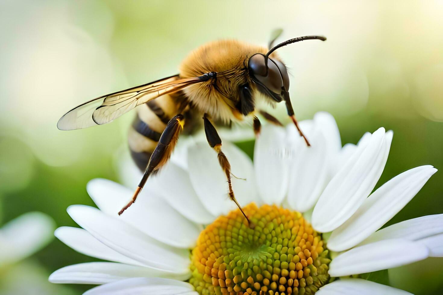 a bee on a white flower with a blurred background. AI-Generated photo