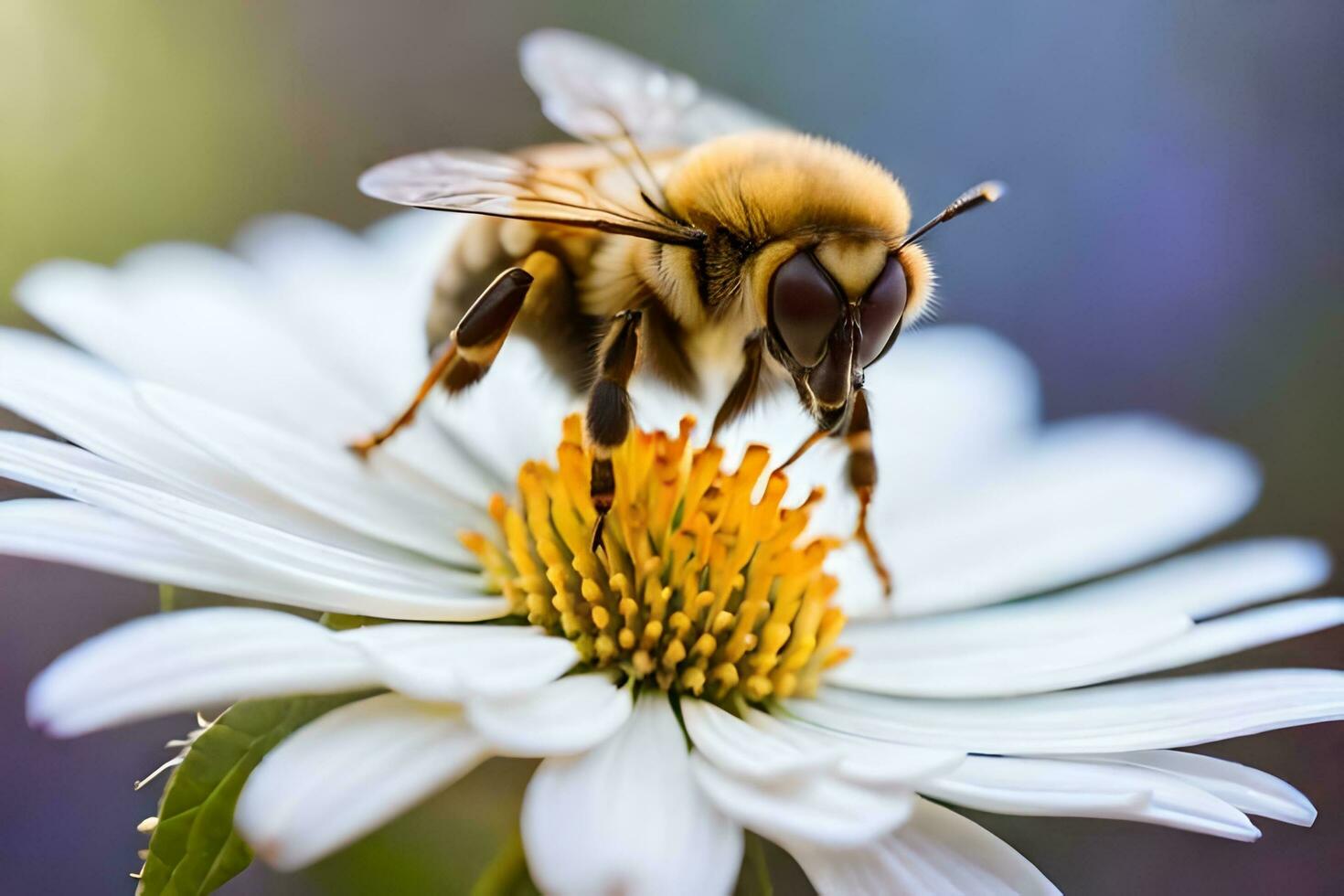 abeja en un margarita por jason pequeño. generado por ai foto