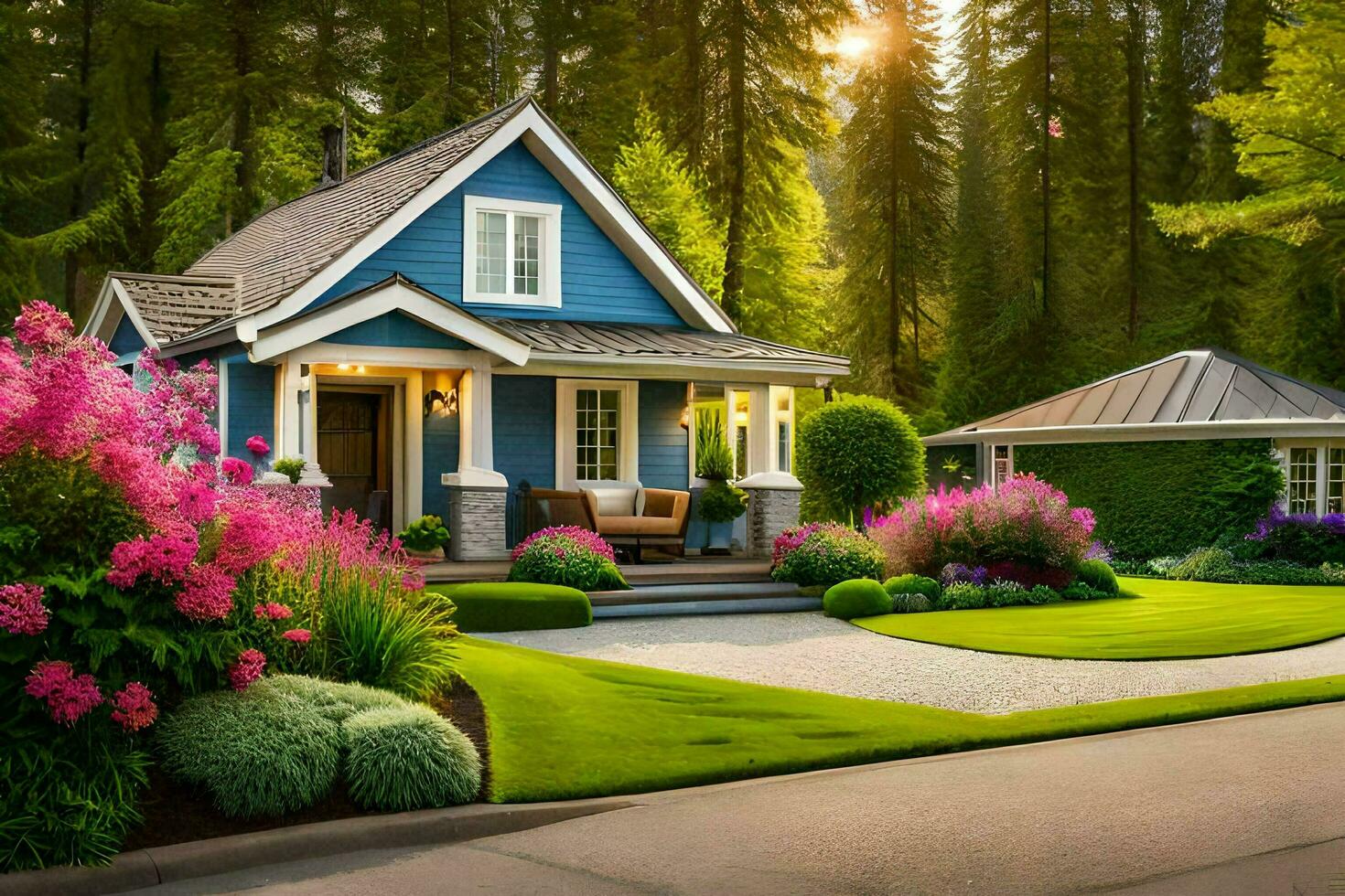 un azul casa con un entrada de coches y flores en el frente patio trasero. generado por ai foto