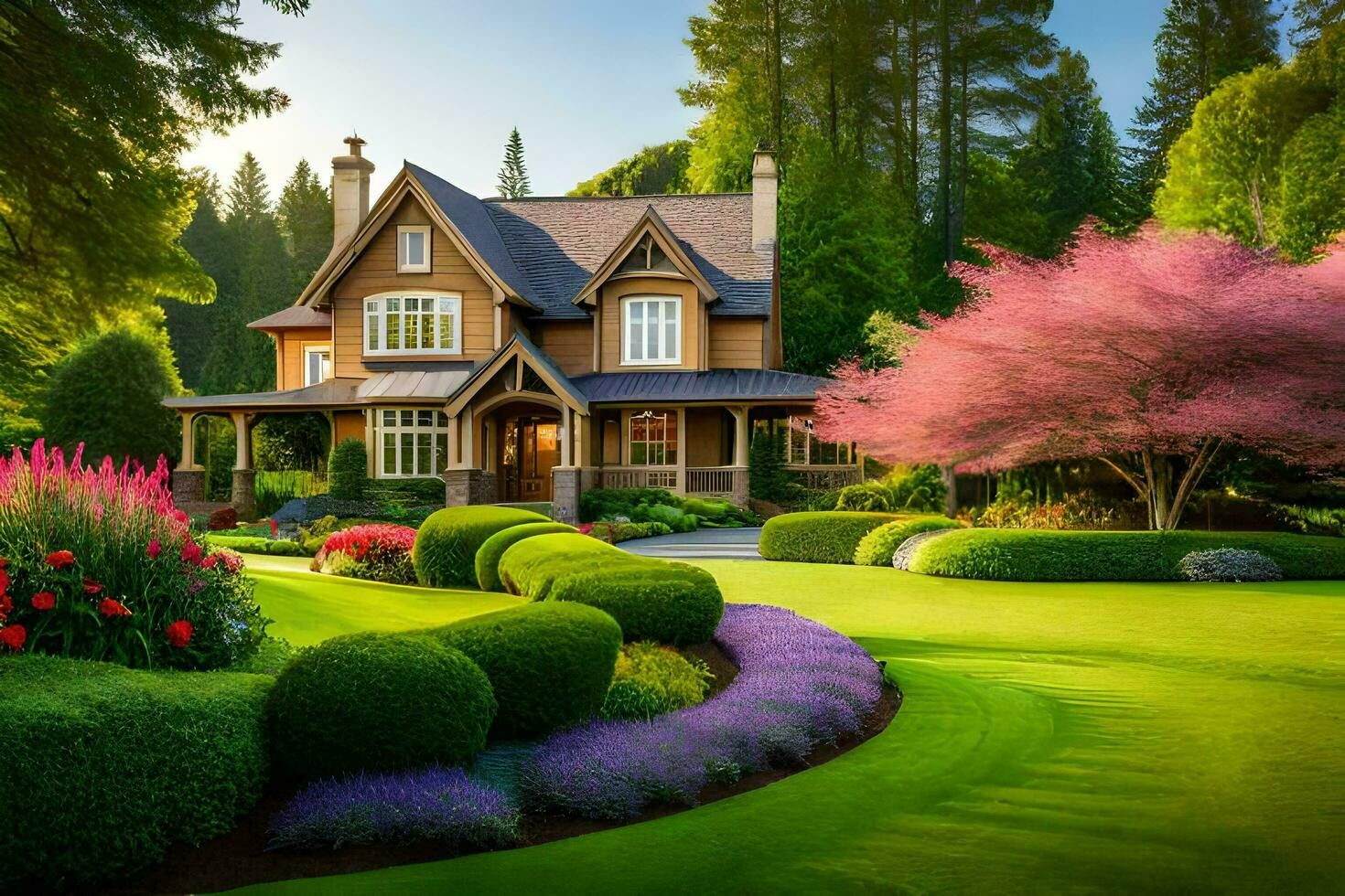 a beautiful house with lush green lawn and trees. AI-Generated photo