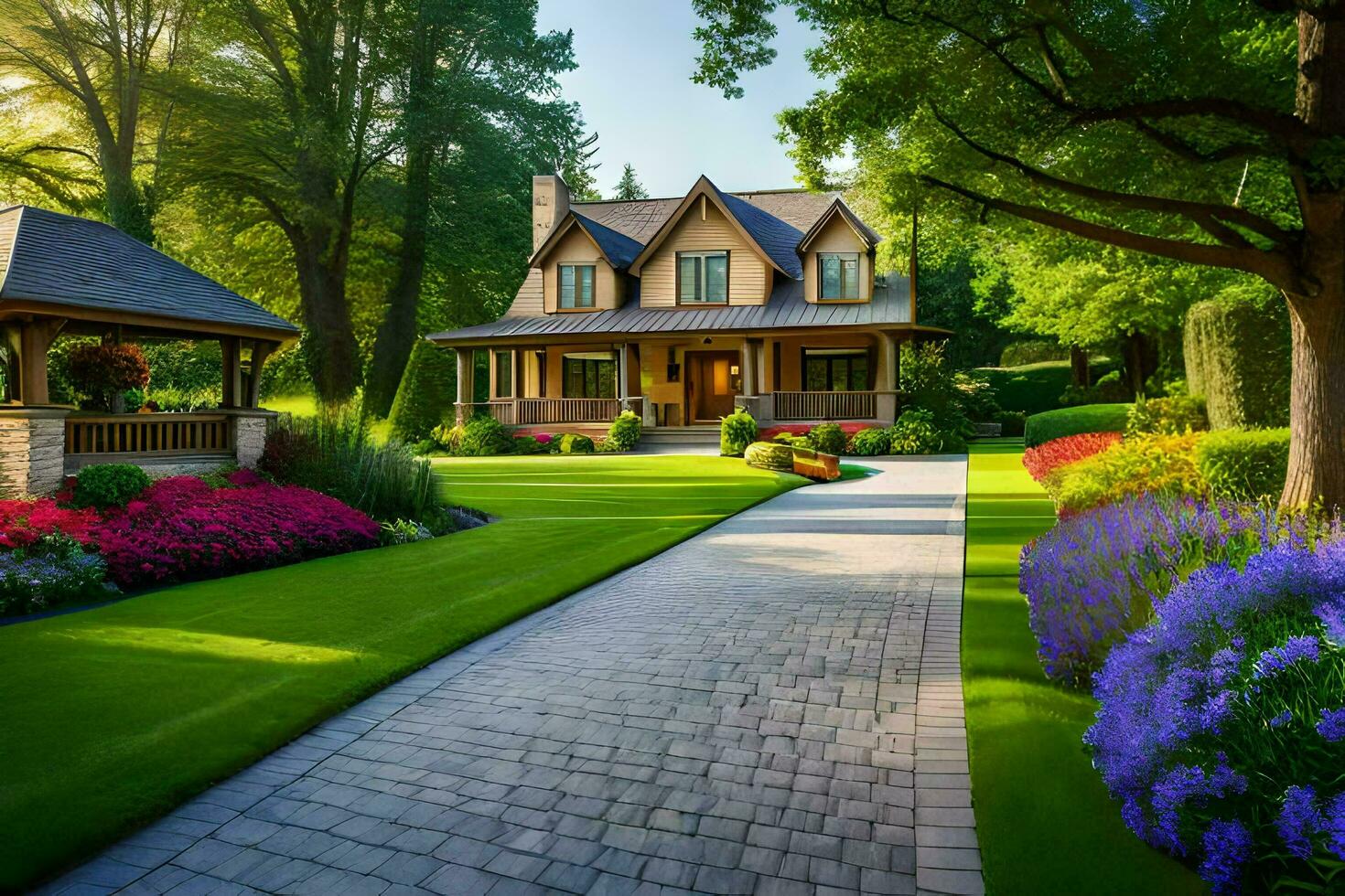 a beautiful home with a walkway leading to a beautiful garden. AI-Generated photo