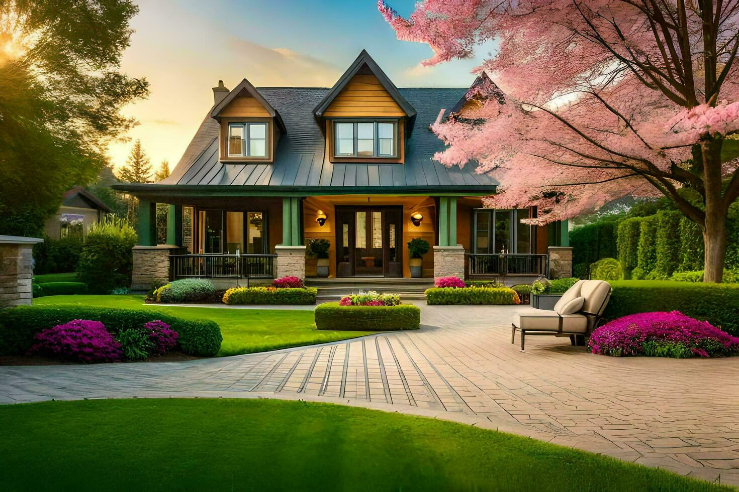 a beautiful home with a beautiful garden and trees. AI-Generated photo