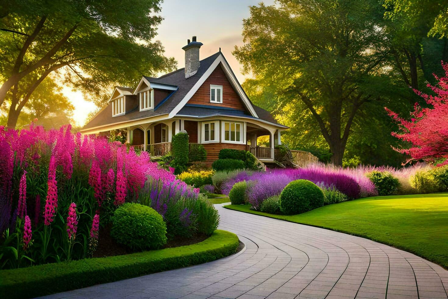 hermosa paisaje con casa y flores en el Mañana. generado por ai foto