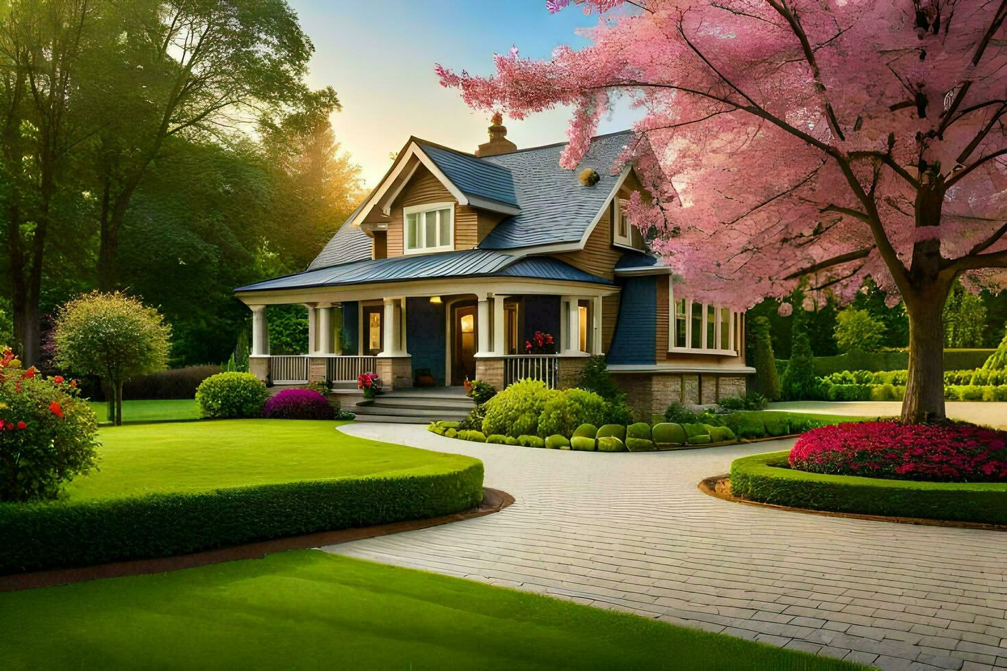 a beautiful house with a beautiful garden and trees. AI-Generated photo