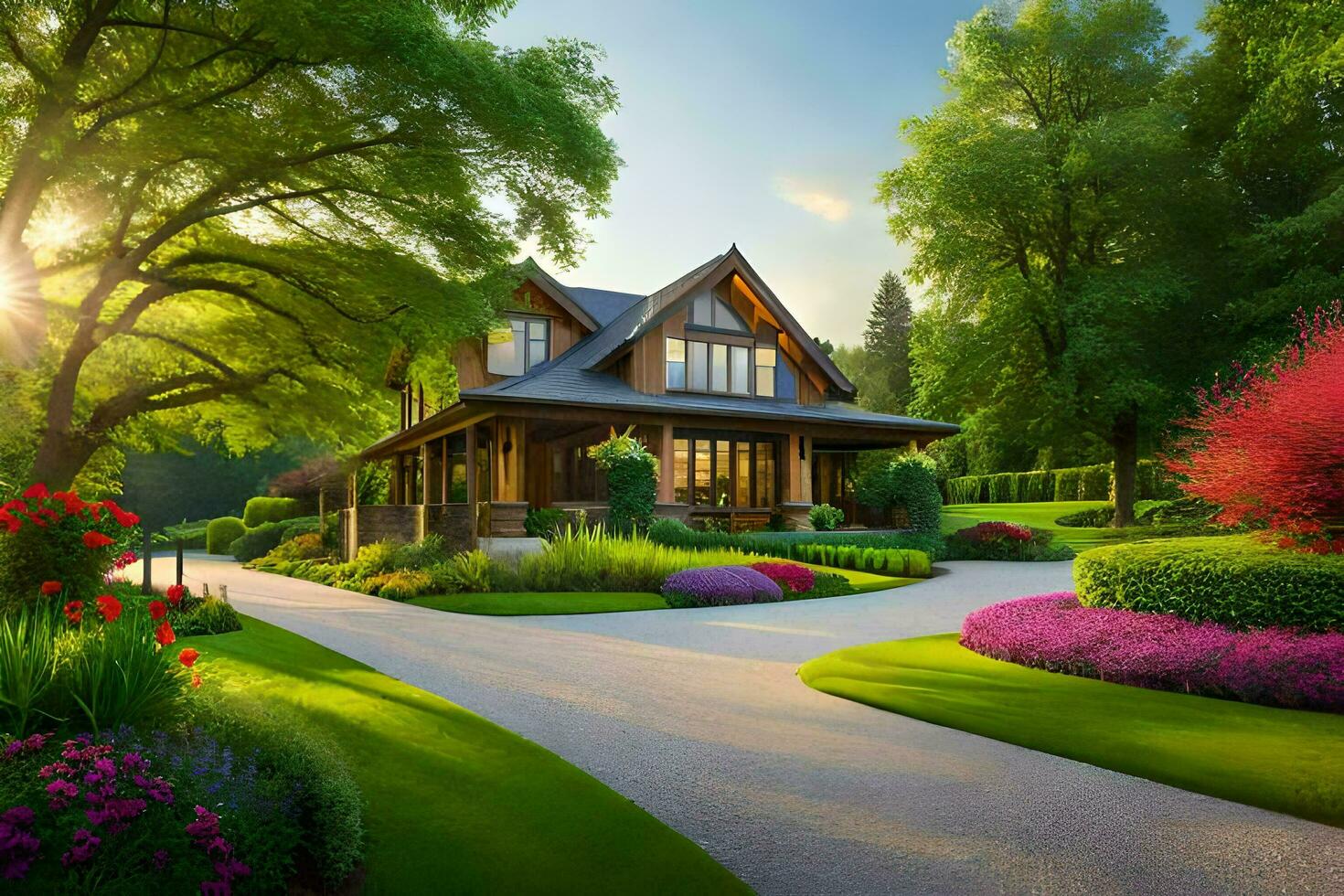 un hermosa casa en el medio de un lozano verde campo. generado por ai foto