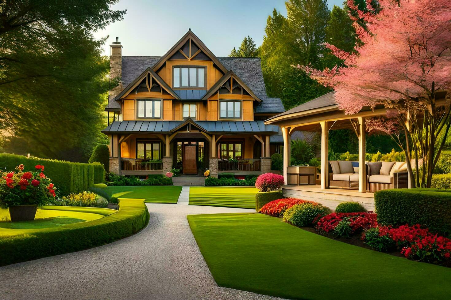 a beautiful home with a garden and lawn. AI-Generated photo