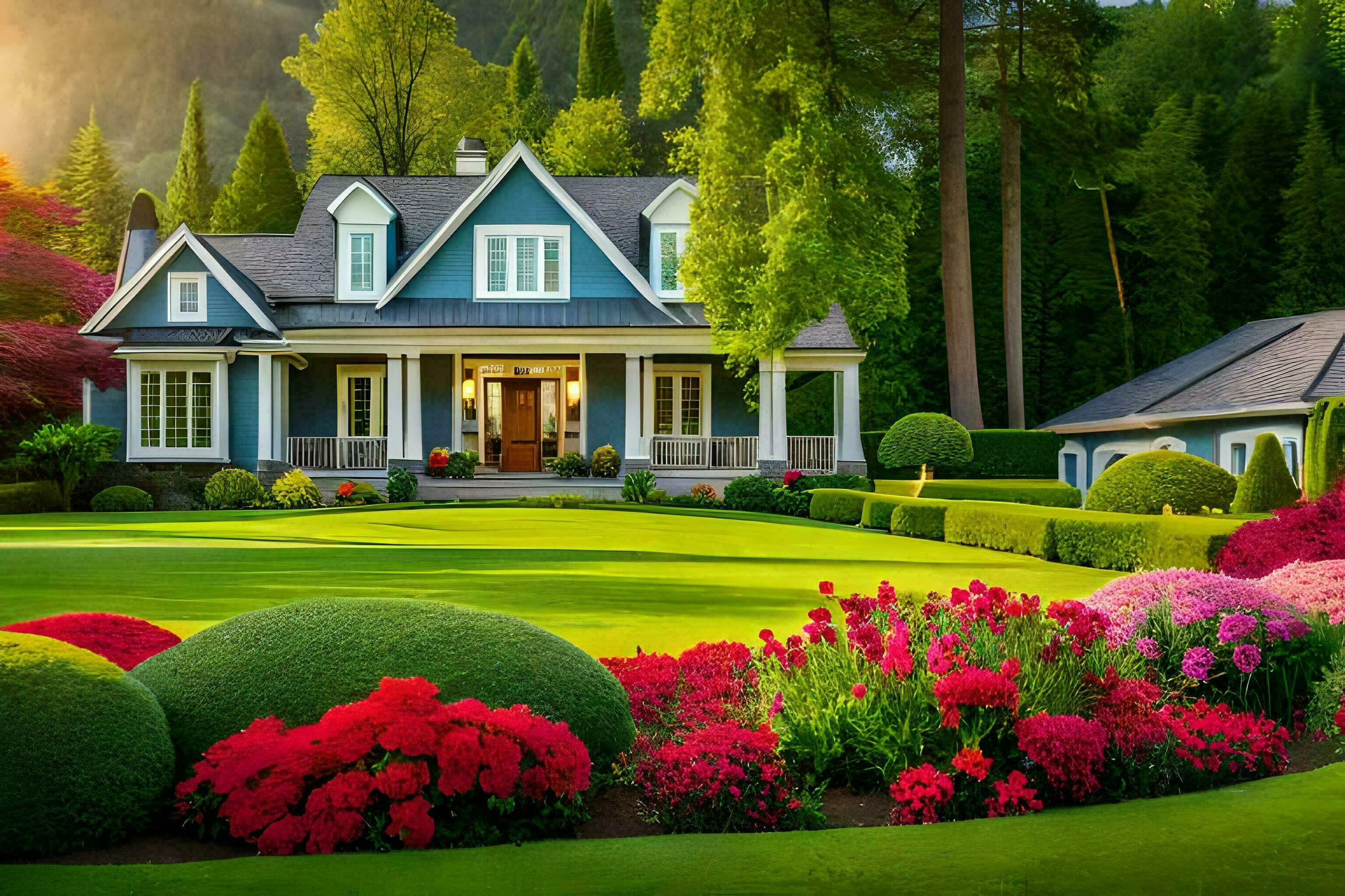 a beautiful house with flowers and trees in the front yard. AI