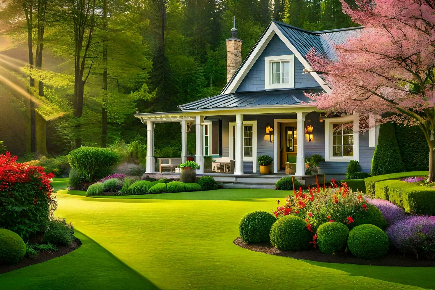 un casa con un césped y flores en el Dom. generado por ai foto