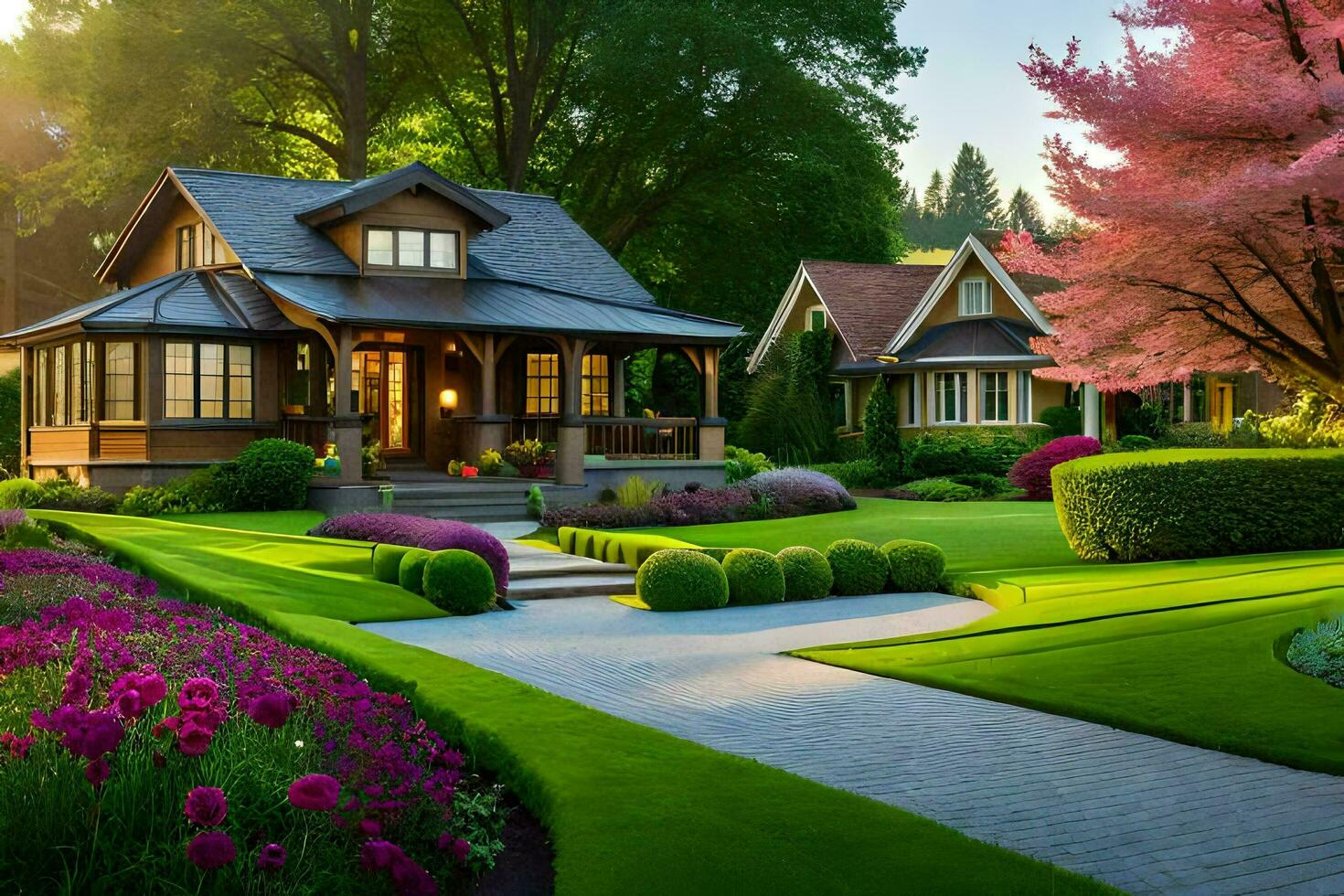 a beautiful garden with a house and trees. AI-Generated photo