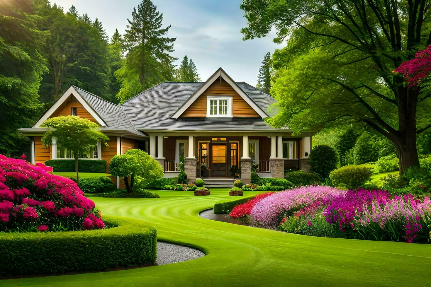 un hermosa casa con lozano verde césped y flores generado por ai foto