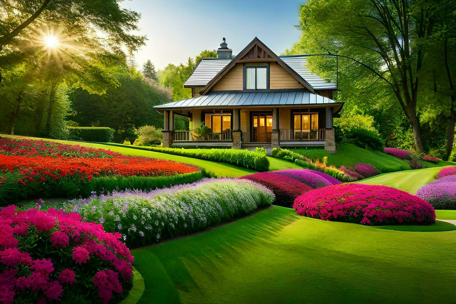 hermosa paisaje con un casa y flores generado por ai foto