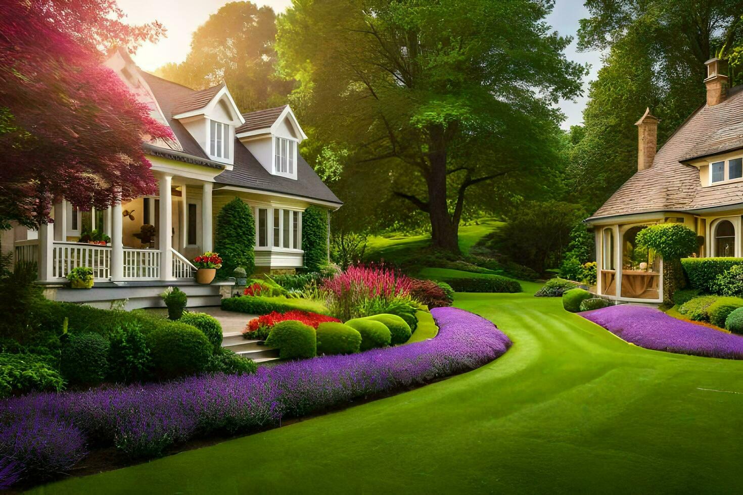 un hermosa jardín con un casa y césped. generado por ai foto