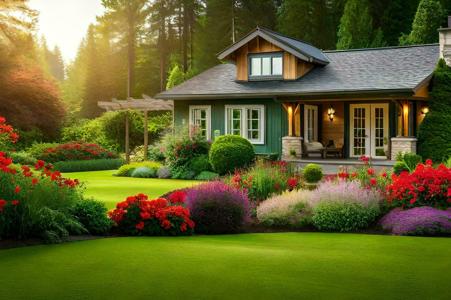 a beautiful garden with flowers and a house. AI-Generated photo