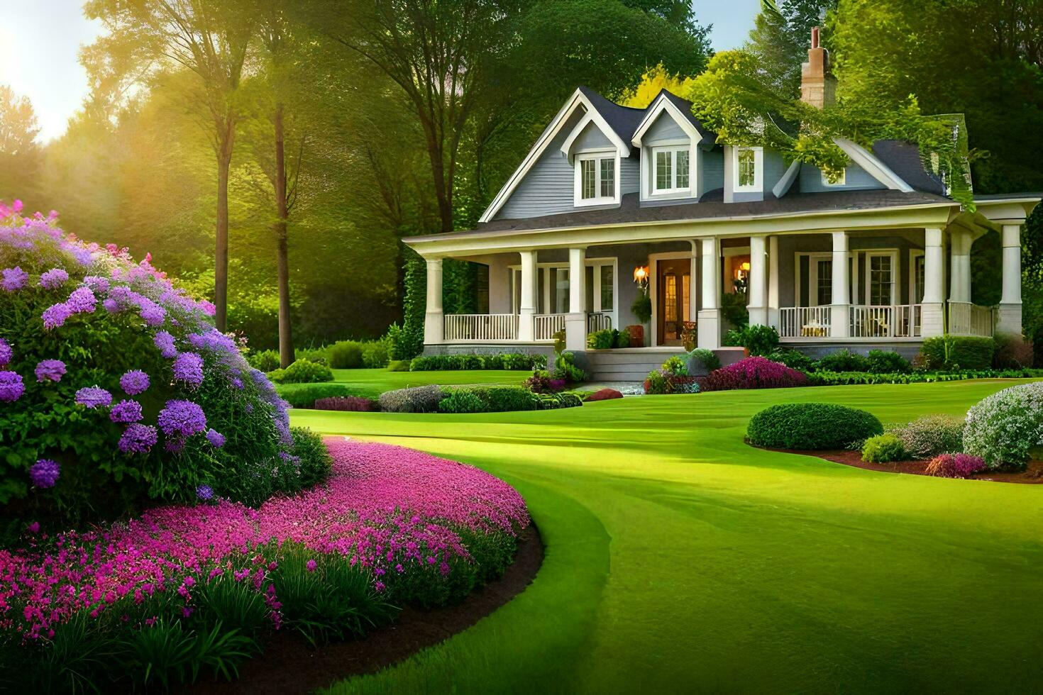 un hermosa casa con un lozano verde césped y flores generado por ai foto