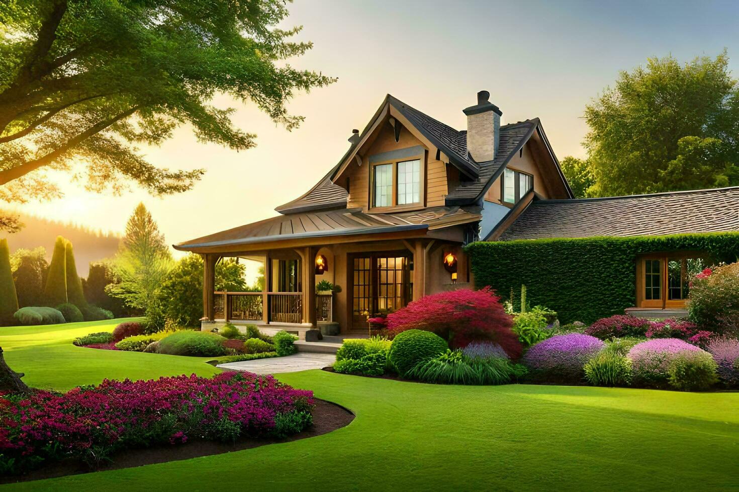 a beautiful home with lush green lawn and flowers. AI-Generated photo