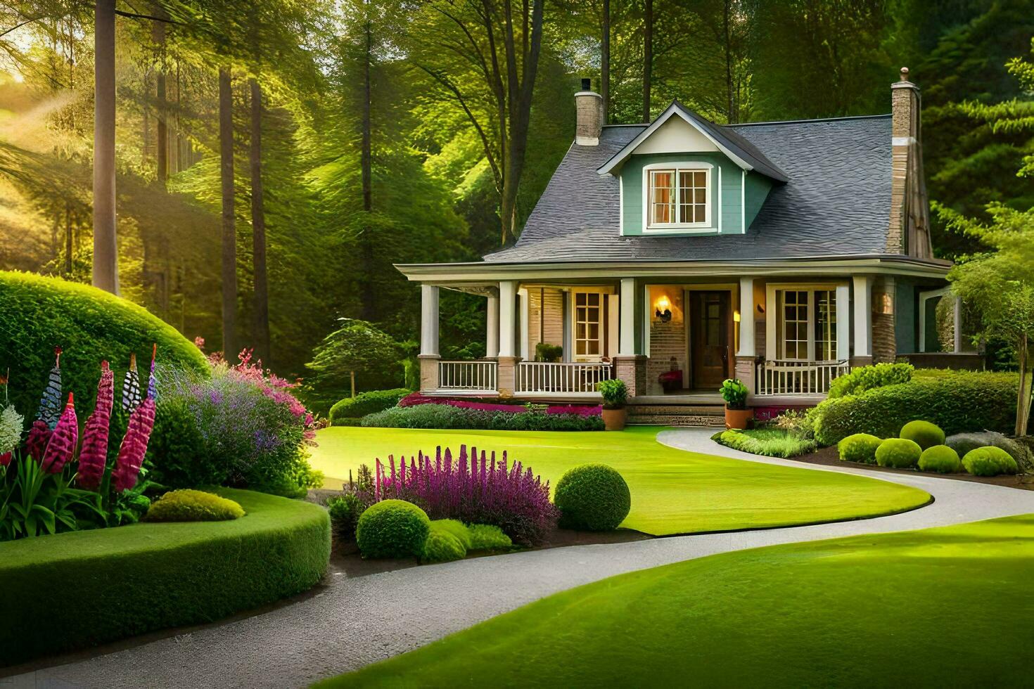 a beautiful garden with a house in the middle. AI-Generated photo