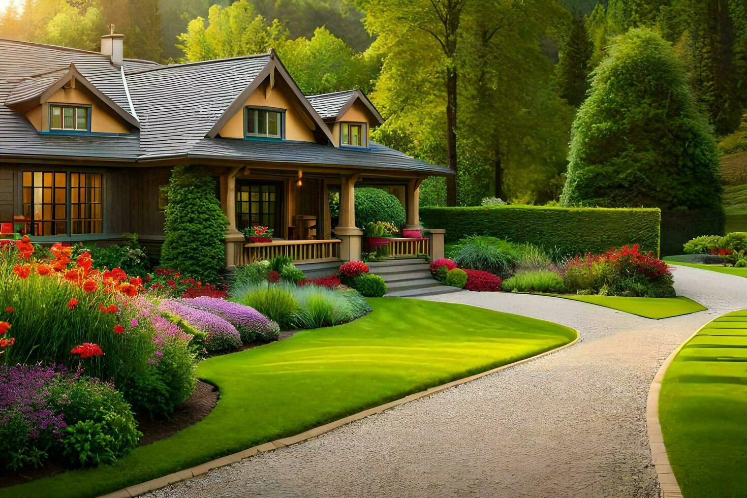 a beautiful home with a driveway leading to a garden. AI-Generated photo