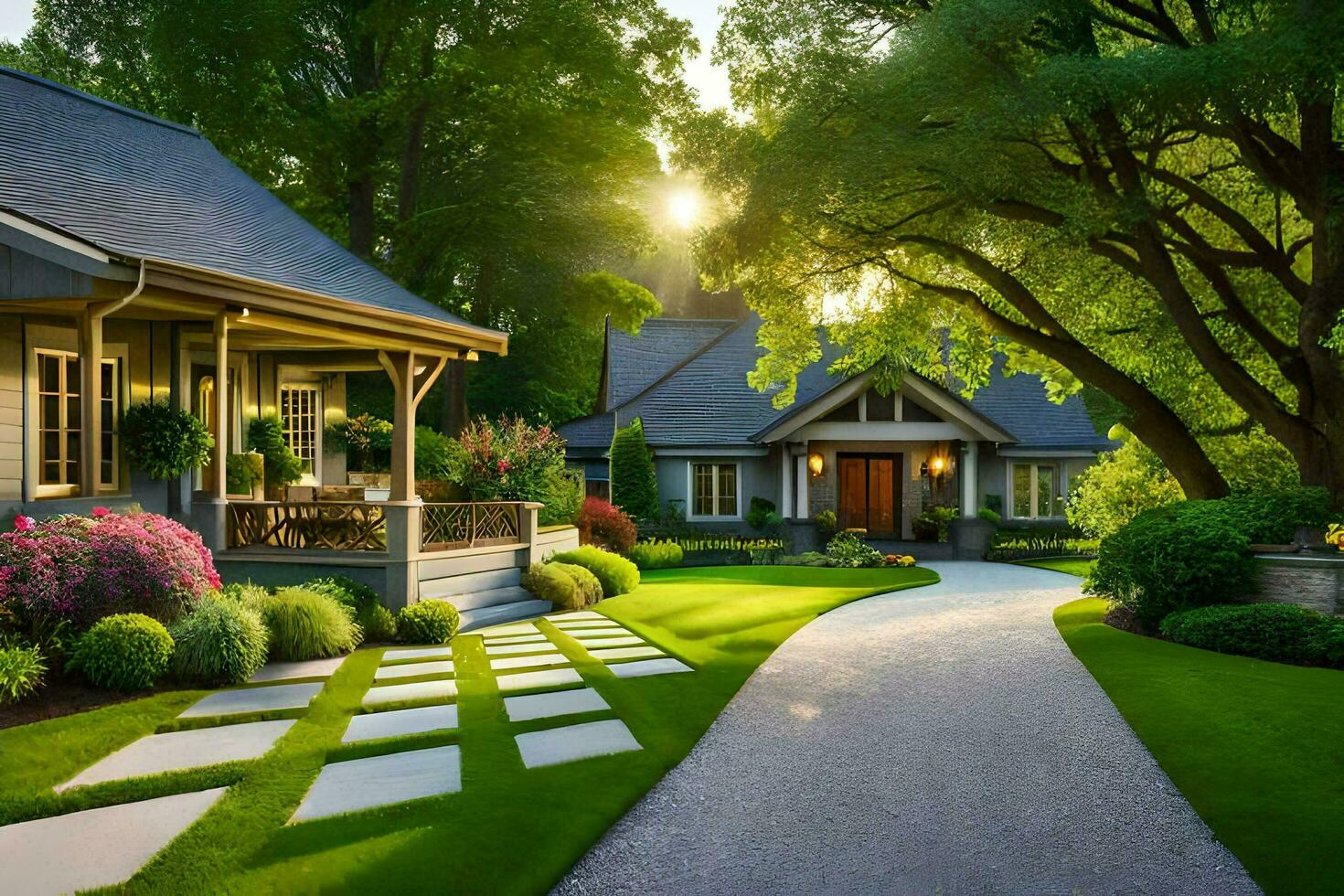 a beautiful home with a driveway leading to a front porch. AI-Generated photo