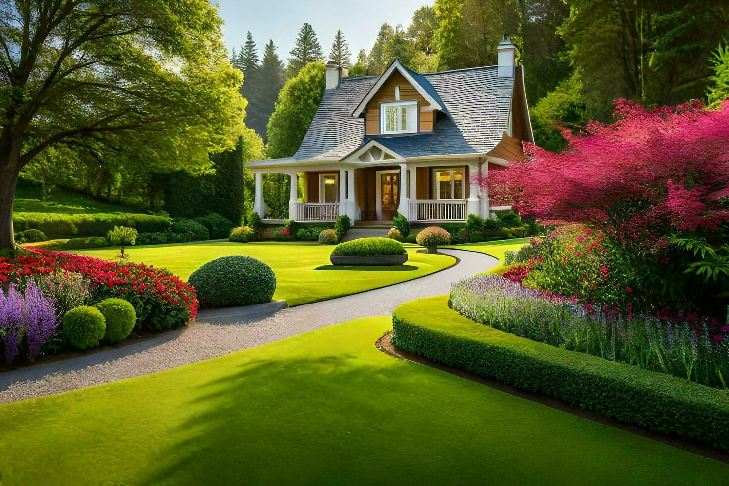 hermosa paisaje con un casa y jardín. generado por ai foto