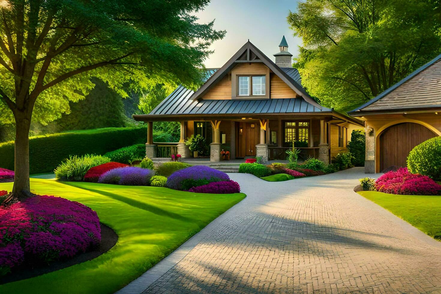 a beautiful home with a driveway and flowers. AI-Generated photo