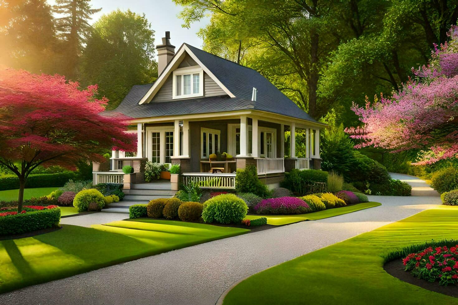 a beautiful house in the middle of a lush green lawn. AI-Generated photo