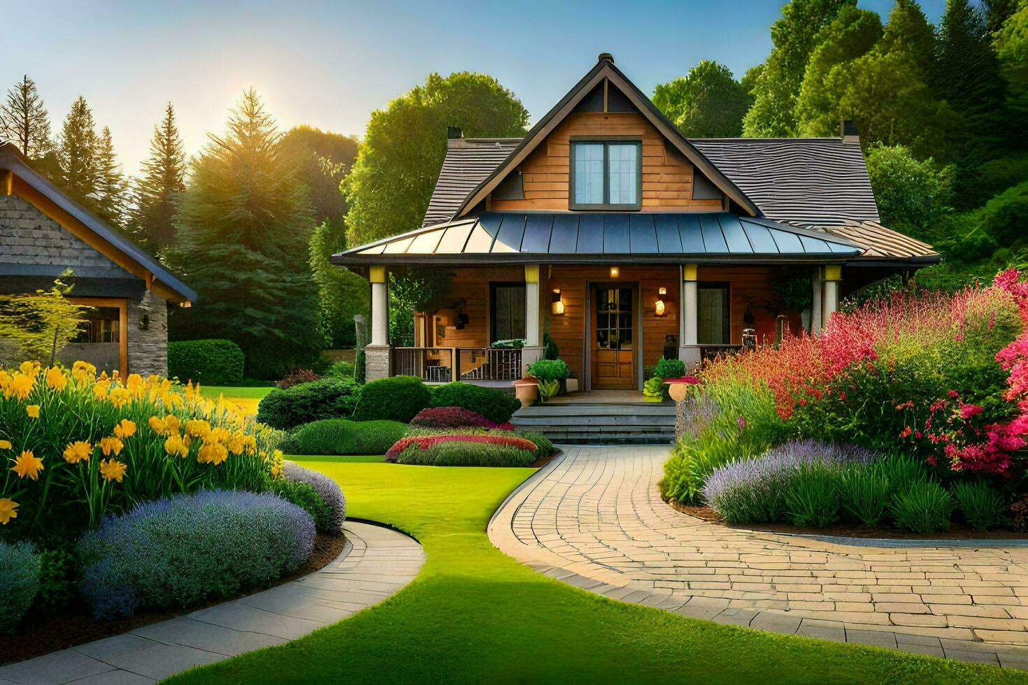 a beautiful home with a garden and flowers. AI-Generated photo