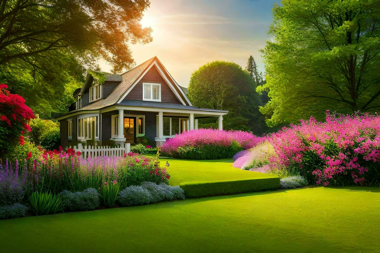 hermosa paisaje con casa y flores en el jardín. generado por ai foto