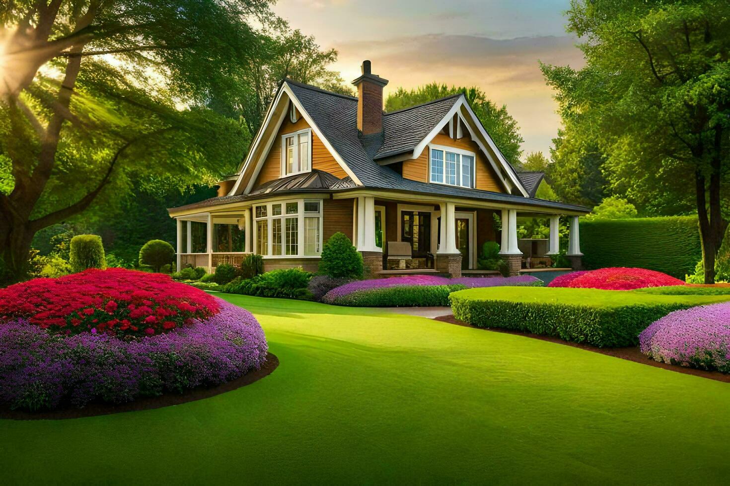 a beautiful house with flowers and trees. AI-Generated photo