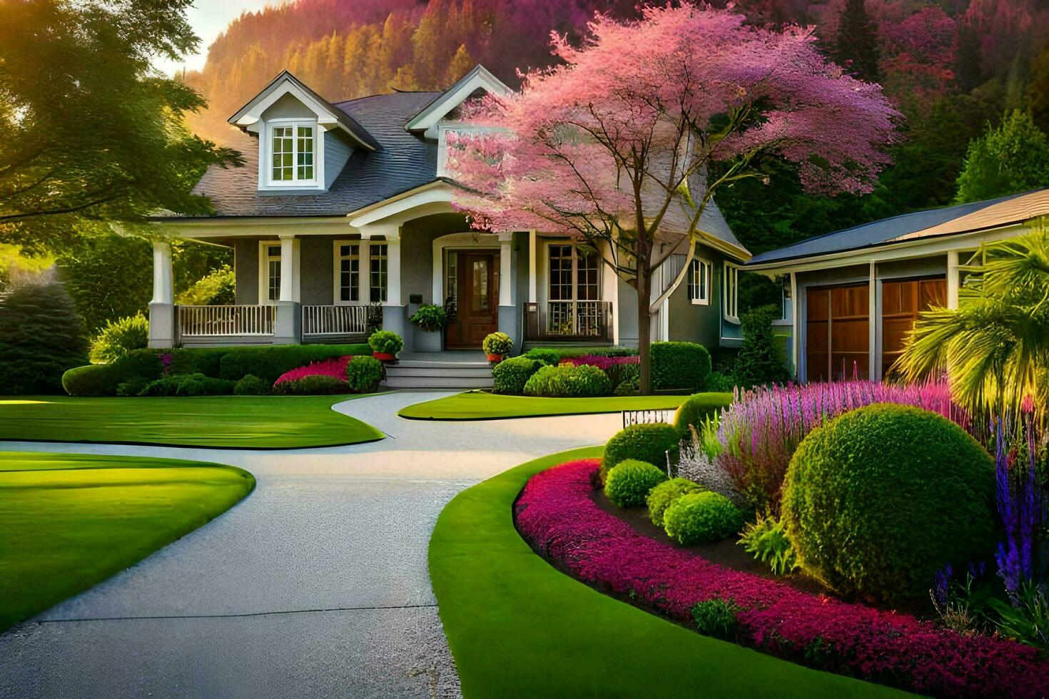 a beautiful home with a beautiful garden. AI-Generated photo