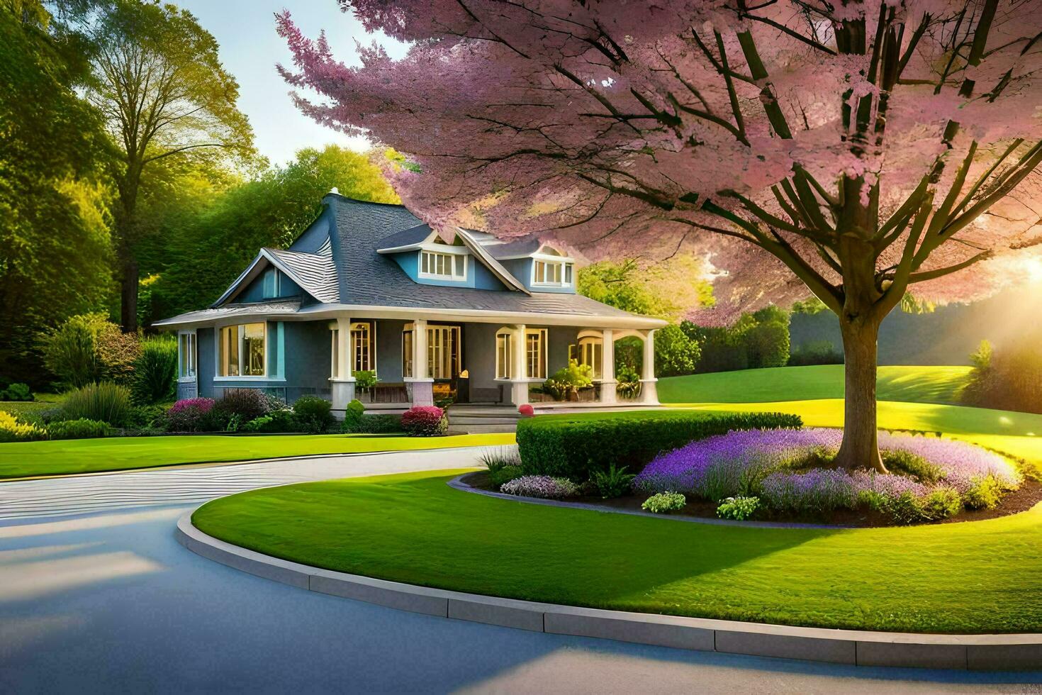 a beautiful house with a tree in the front yard. AI-Generated photo