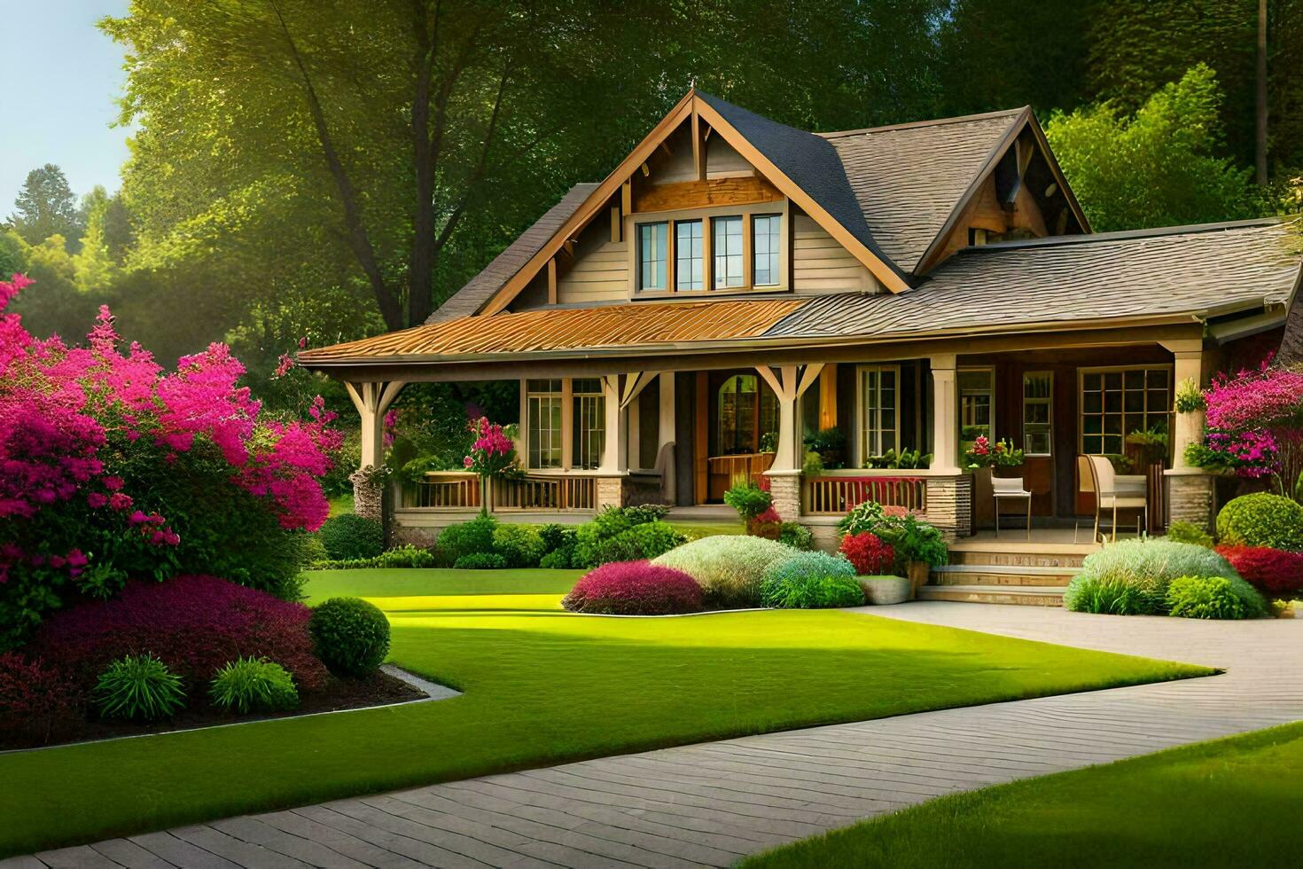 a beautiful home with lush green lawn and flowers. AI-Generated photo