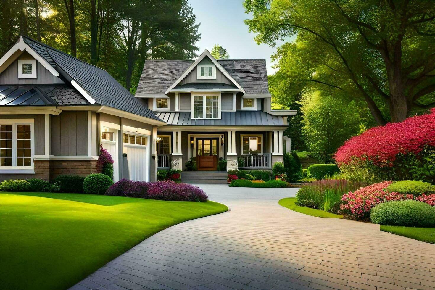 a beautiful home with a driveway and landscaping. AI-Generated photo