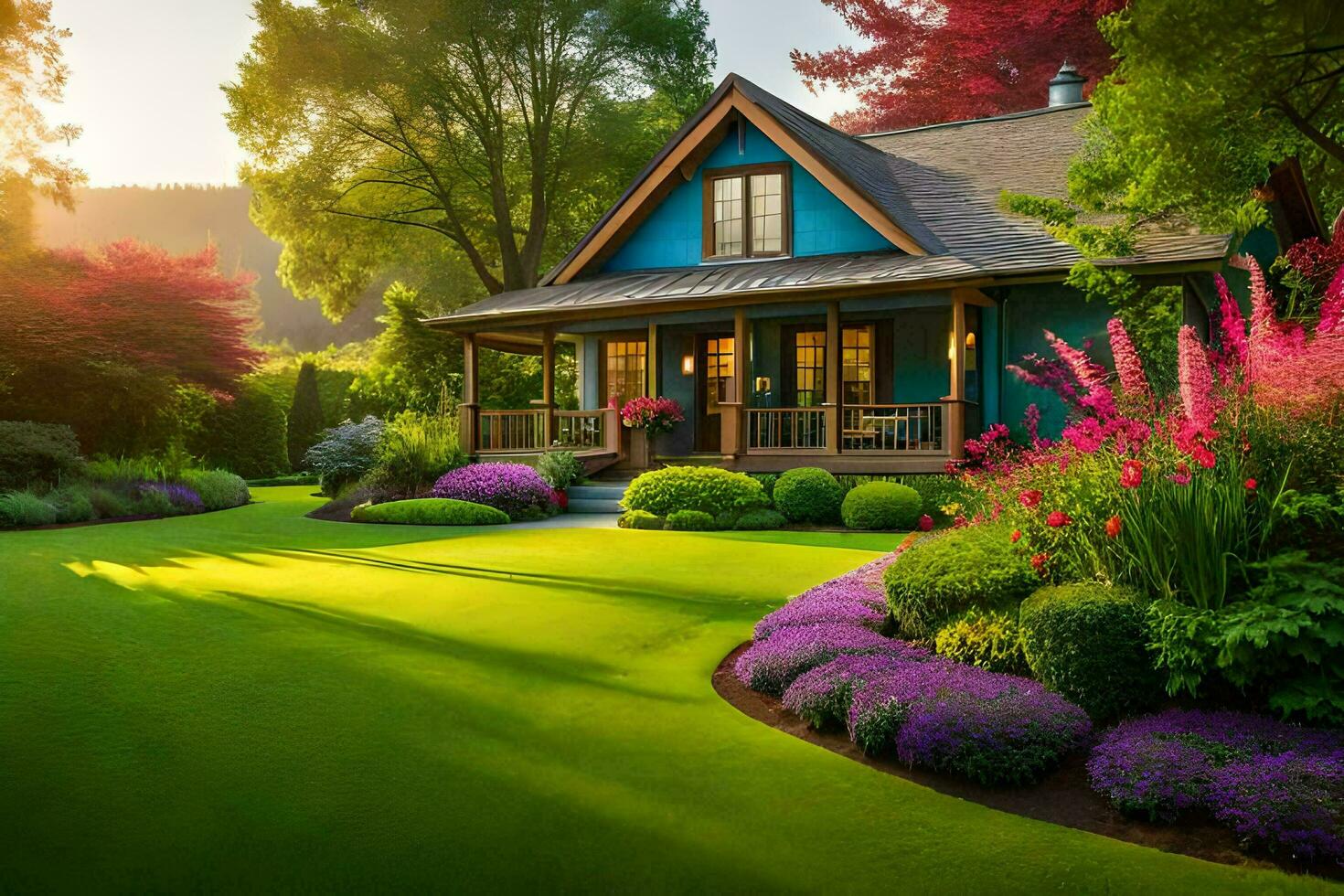 un hermosa azul casa con un lozano verde césped. generado por ai foto