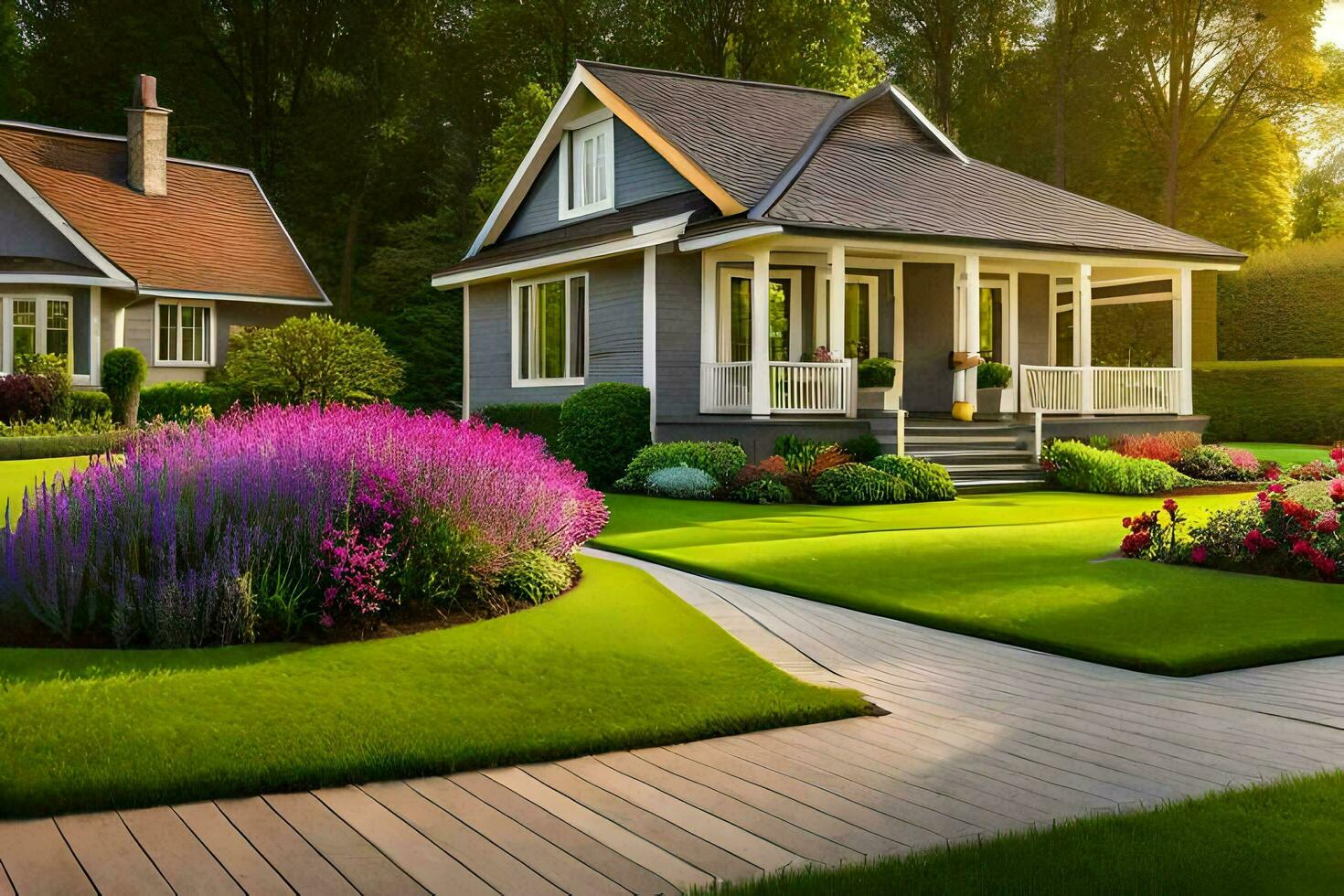 un hermosa césped con un casa y flores generado por ai foto