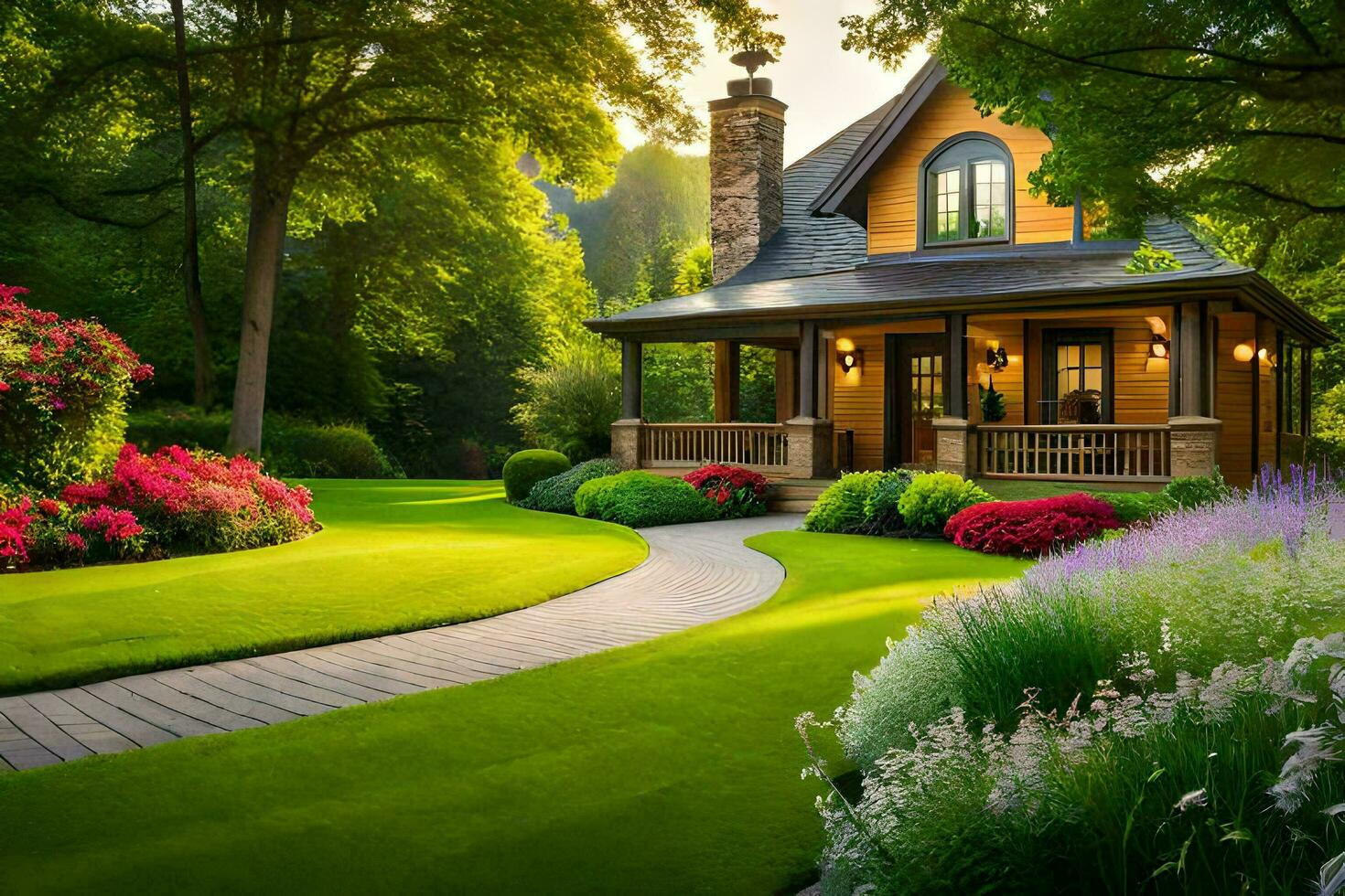 un hermosa casa en el medio de un lozano verde césped. generado por ai foto