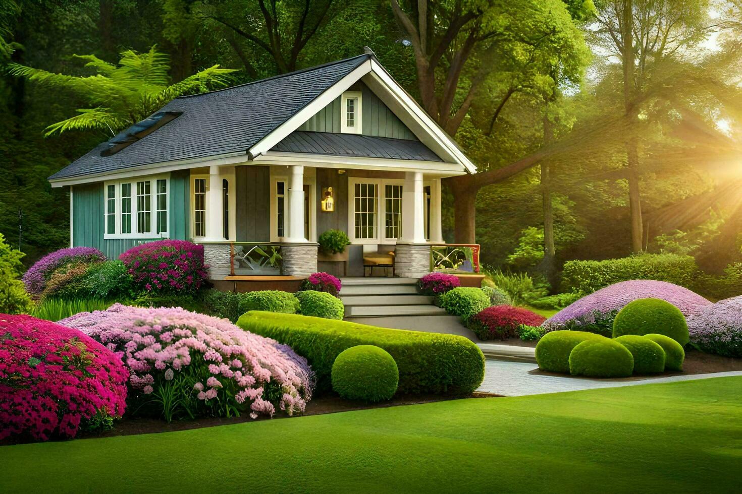 a small house surrounded by flowers and bushes. AI-Generated photo