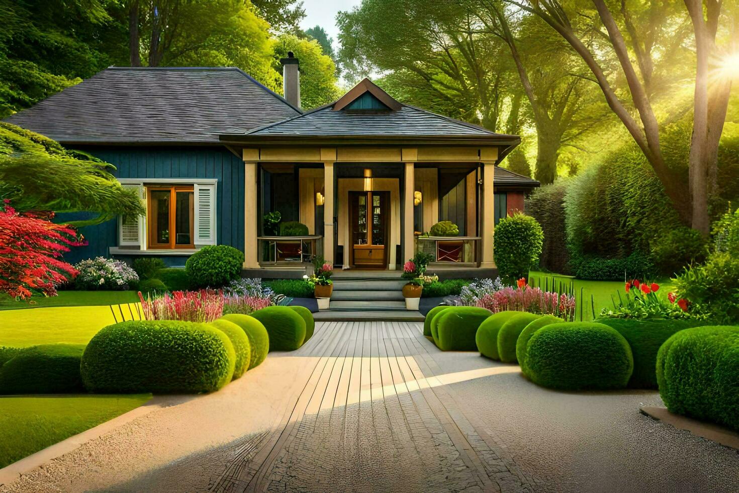 a beautiful house with a garden and trees. AI-Generated photo