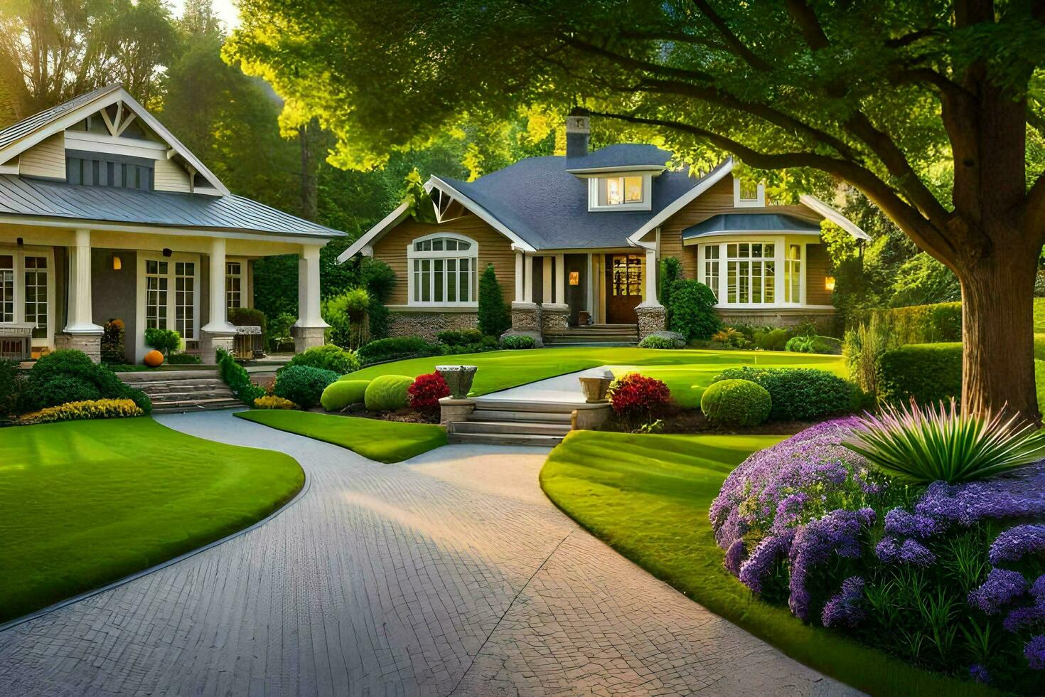a beautiful home with a beautiful lawn and landscaping. AI-Generated photo