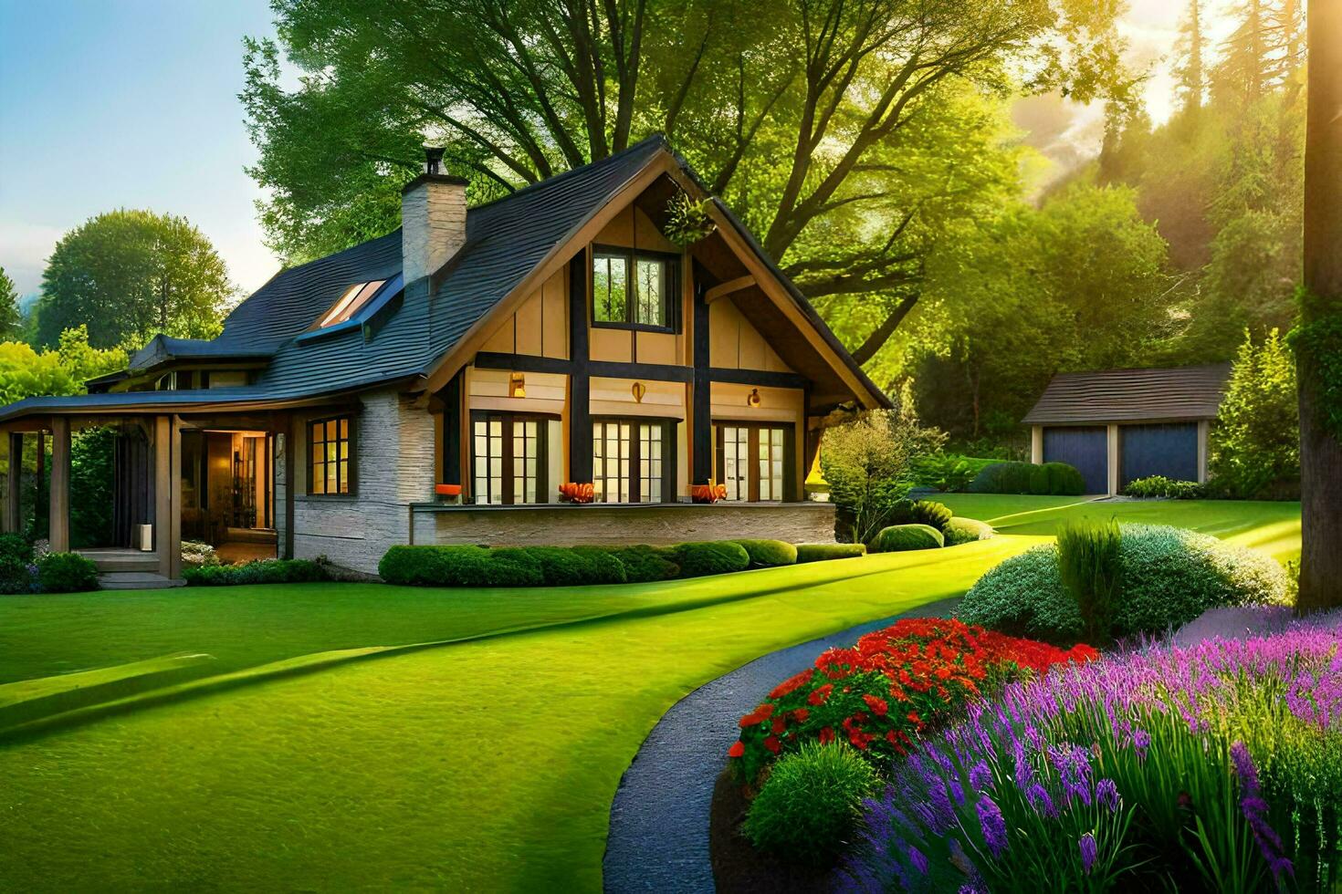 a beautiful house with a lawn and flowers. AI-Generated photo