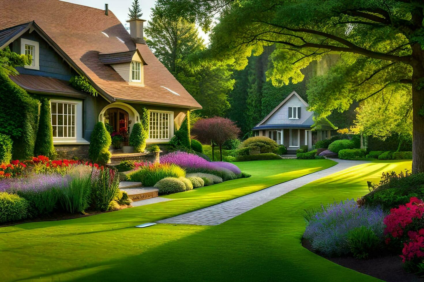 un hermosa jardín con un casa y césped. generado por ai foto