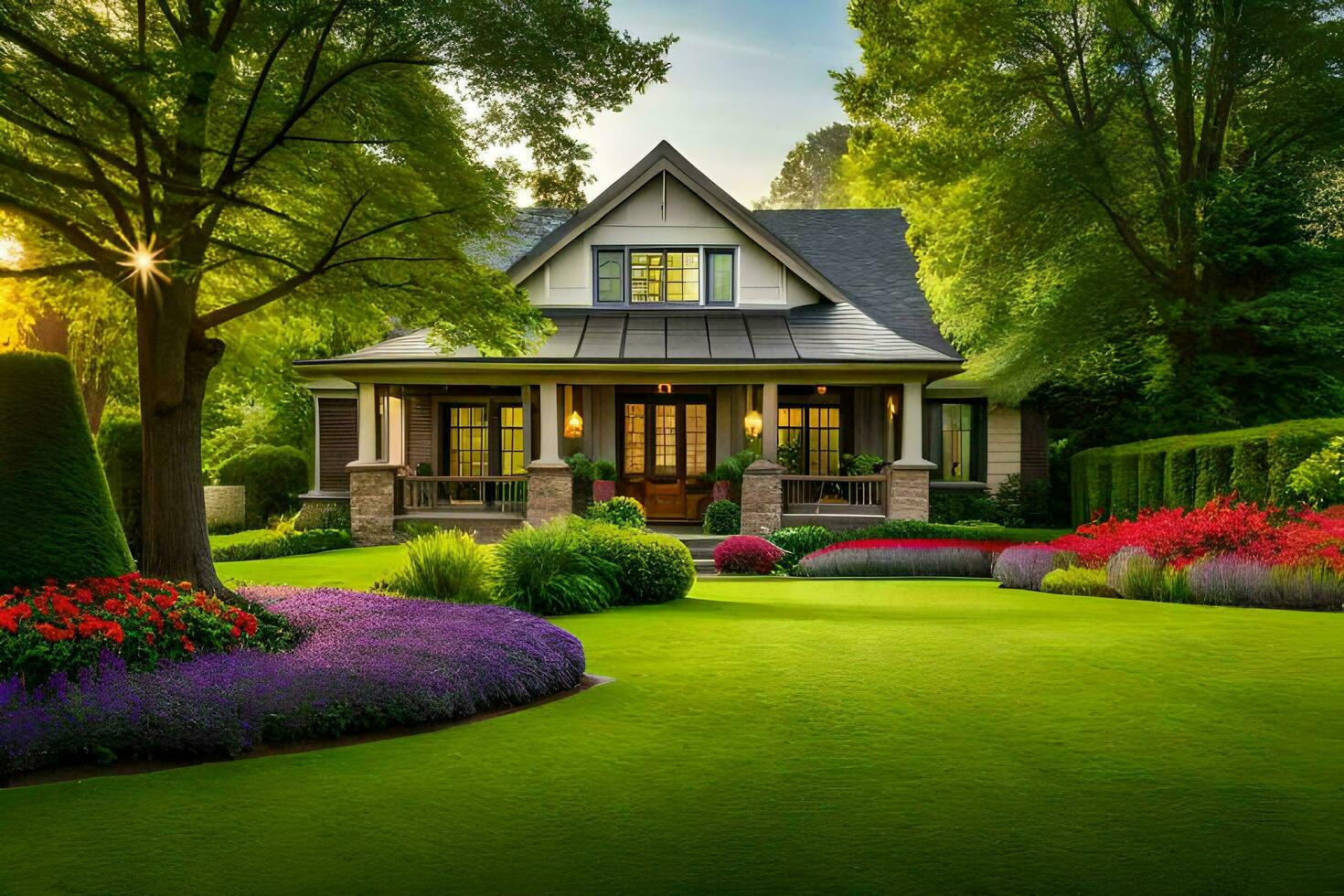 un hermosa casa con lozano verde césped y flores generado por ai foto