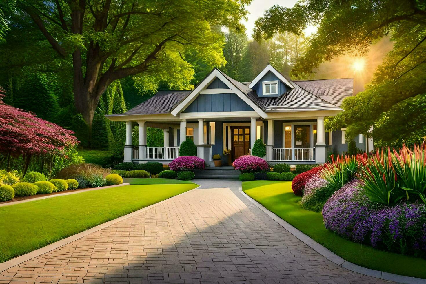 a beautiful house with a driveway leading to it. AI-Generated photo