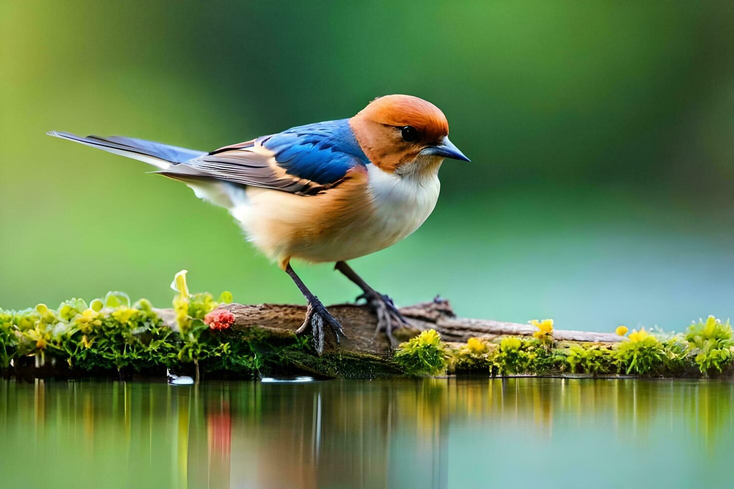 a small bird is standing on a branch near water. AI-Generated photo