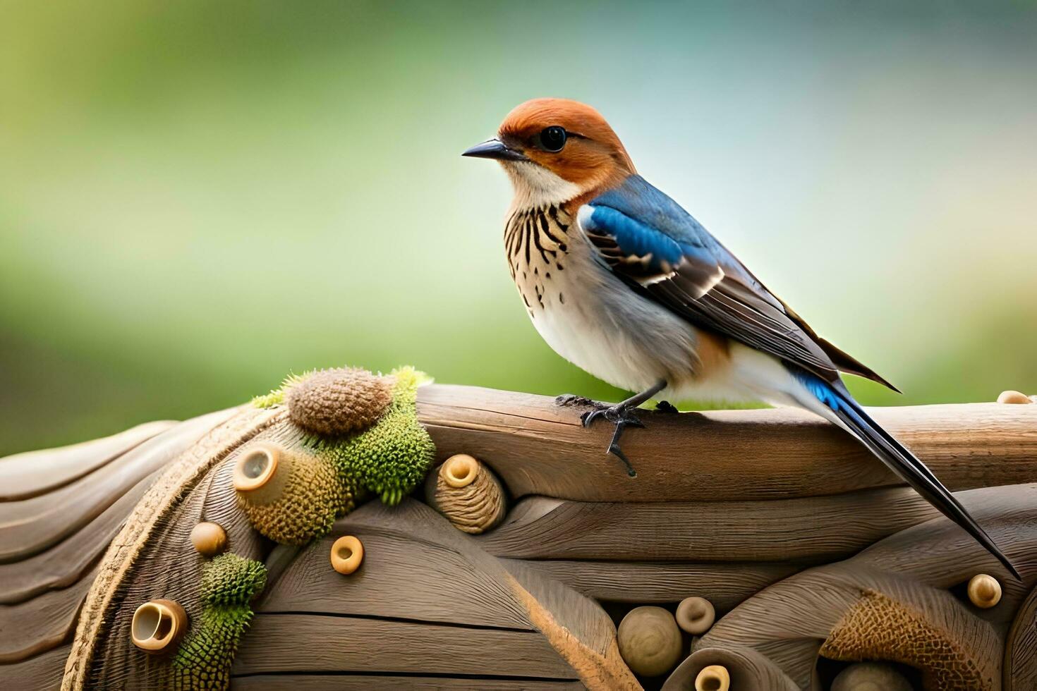 un pequeño pájaro es sentado en un de madera pedazo. generado por ai foto